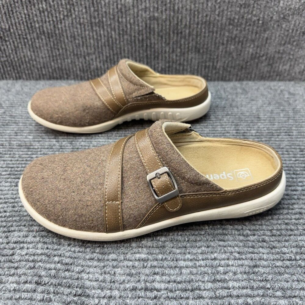 Spenco Ashton Wool Slip on Shoes Womens 8.5B Brown Buckle Detail Mules Slides